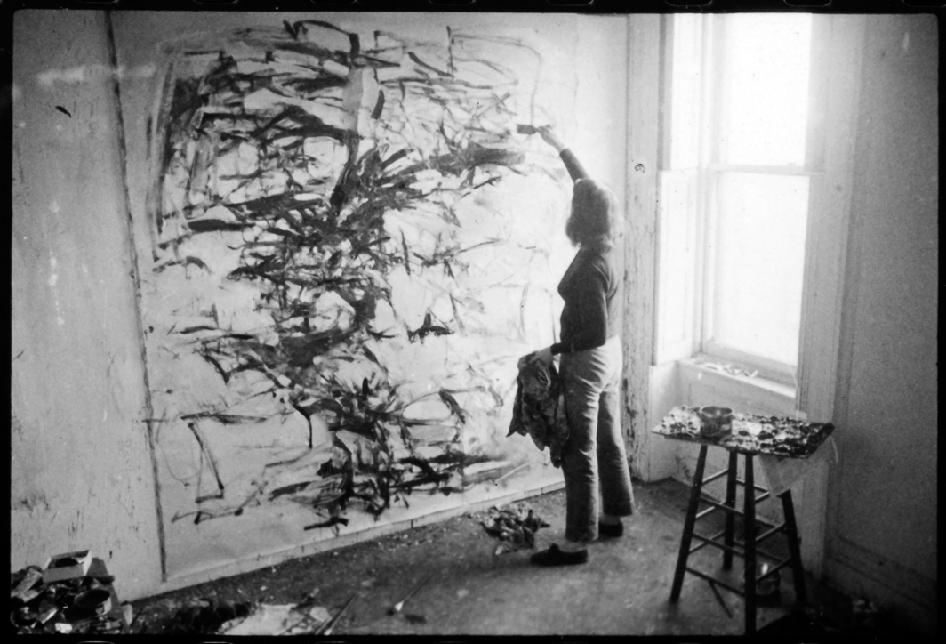 Joan Mitchell working on Bridge, 1957, in her studio, 60 Saint Marks Place, New York, 1957. Photo: Joan Mitchell and Rudy Burckhardt.