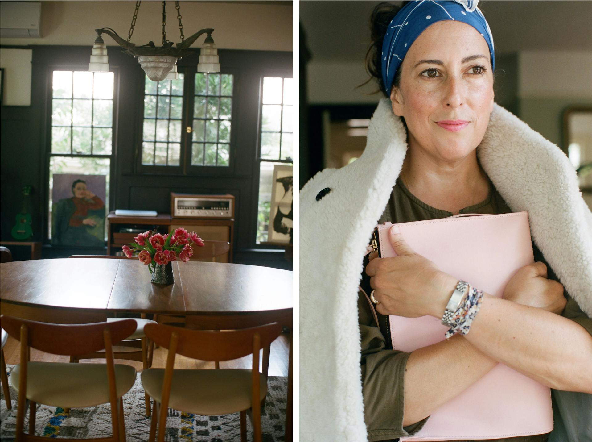 Two images. The first is a wood table in a dark room. The second shows Clare Vivier holding a pink clutch.