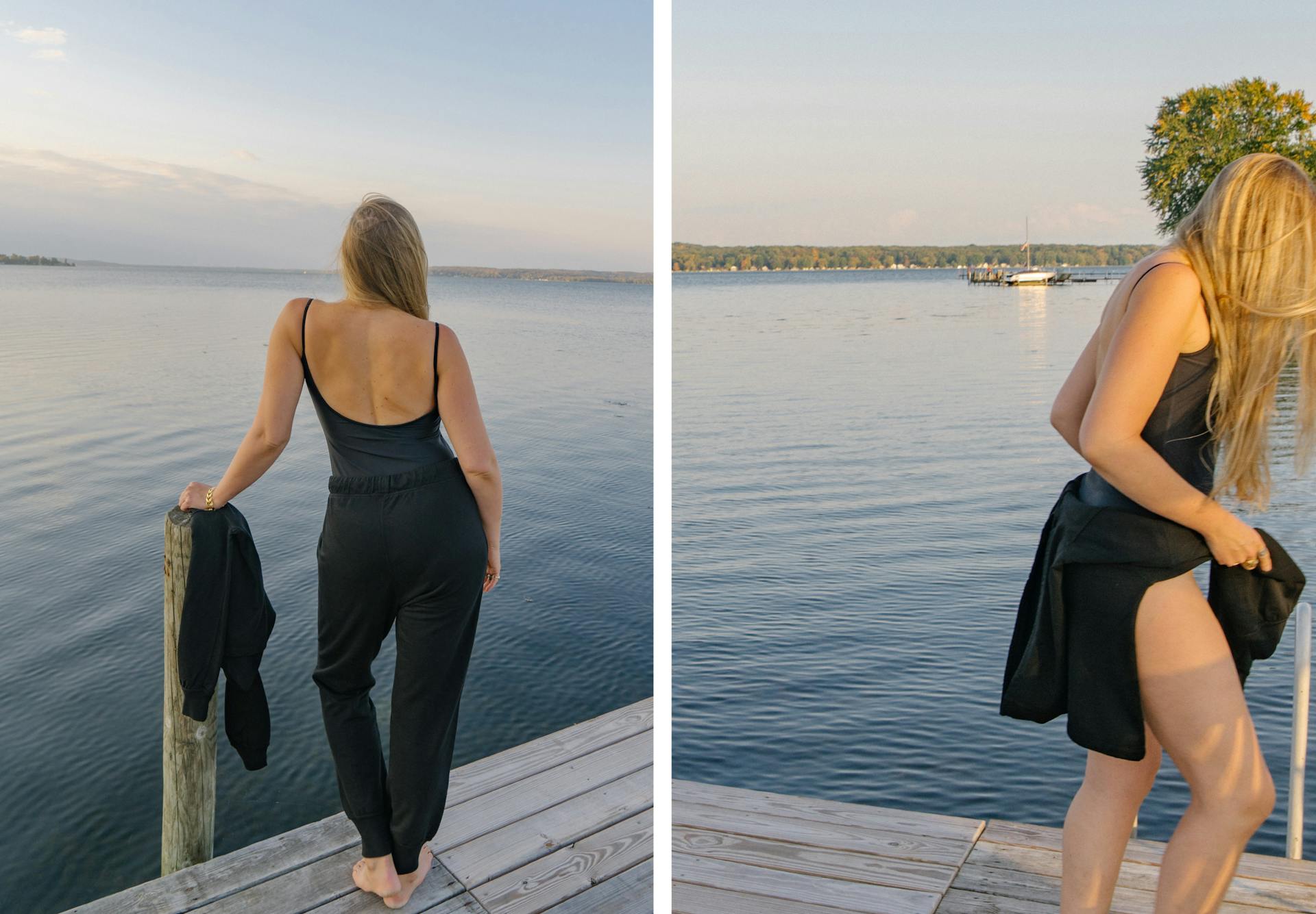 A woman wearing all black stands on a lake dock