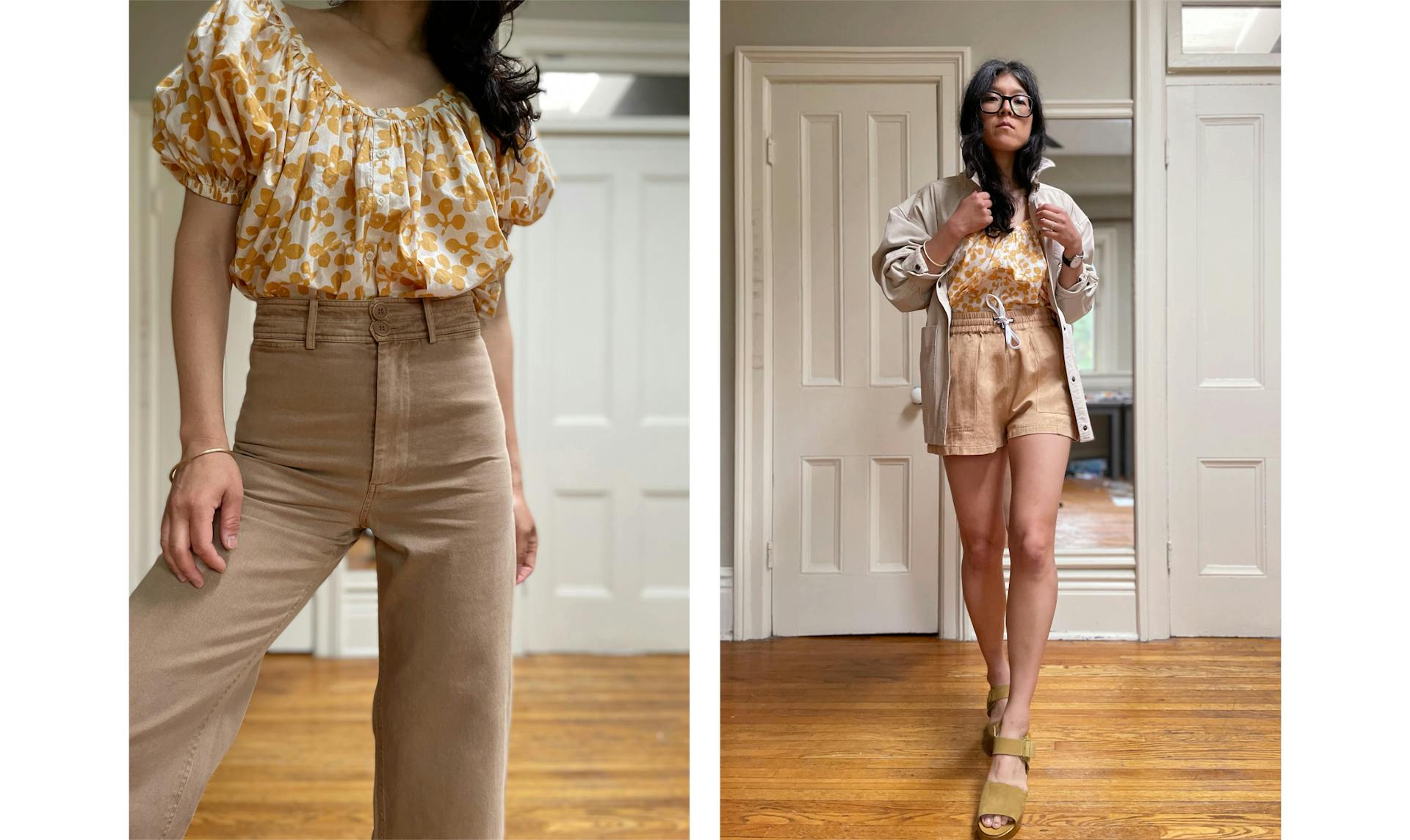 Two images. In the first, Erica Kim stands in a yellow top and brown pants. In the second, Erica Kim wears a pink outfit and faces the camera.