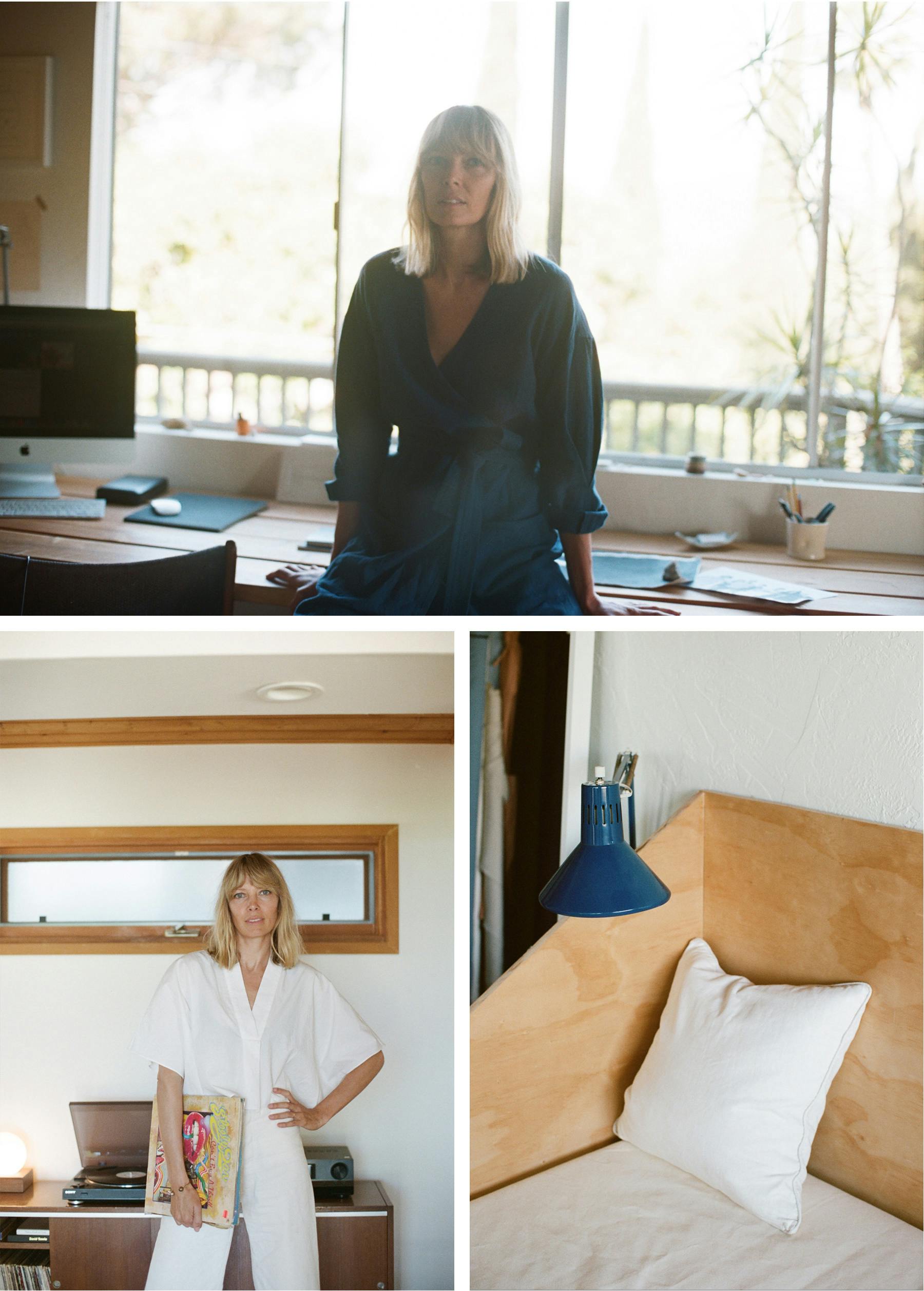 Three images. In the first, Jesse Kamm is wearing dark colors and standing in front of a window. In the second, Jesse Kamm is wearing all white and standing with her hand on her hip. The third image is of light colored pillows.