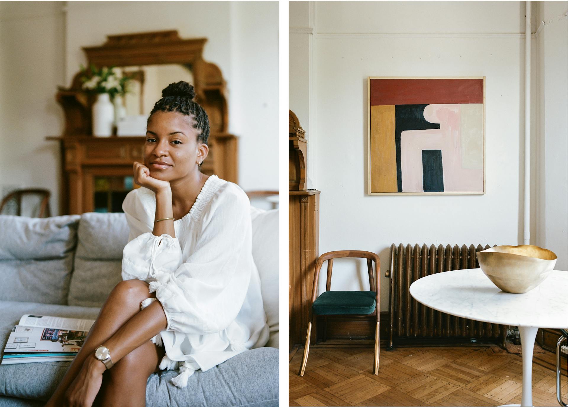 Two images. The first is of Kai Avent-deLeon wearing white and sitting on a sofa. The second is a clean room with a white table and art on the wall.