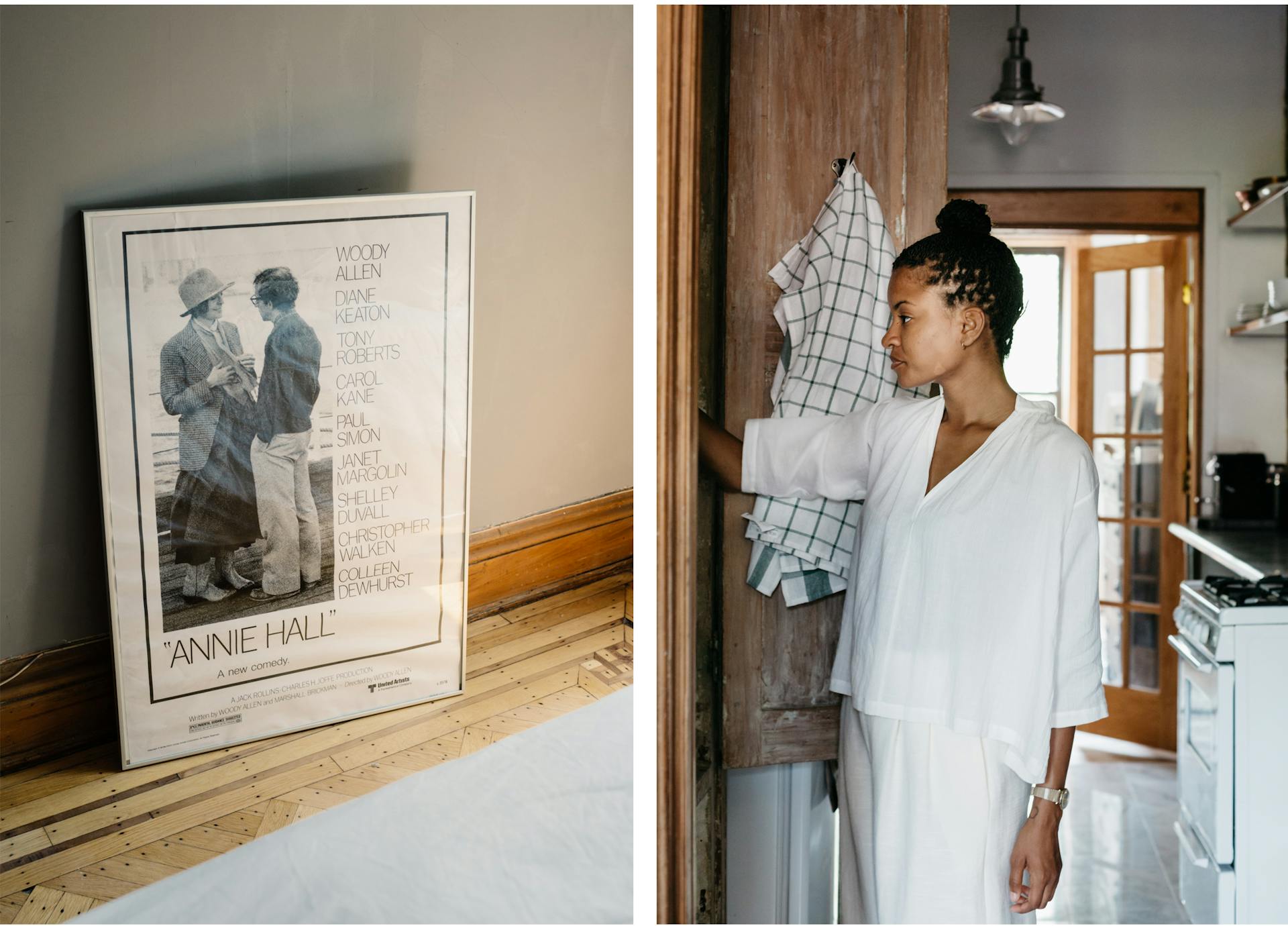 Two images. The first shows an art piece with two people in it. The second shows Kai Avent-deLeon wearing white and standing in a well lit room