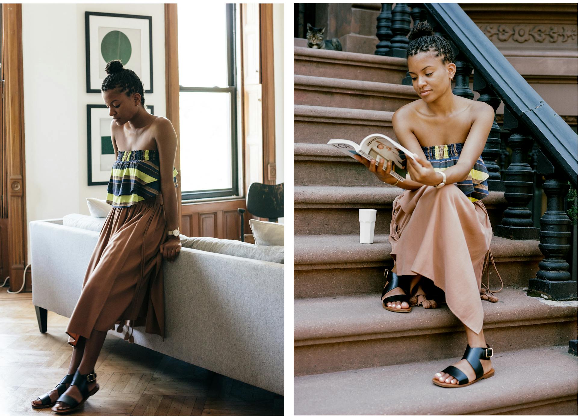Two images. In the first, Kai Avent-deLeon leans against a sofa. In the second, Kai Avent-deLeon sits on a stoop
