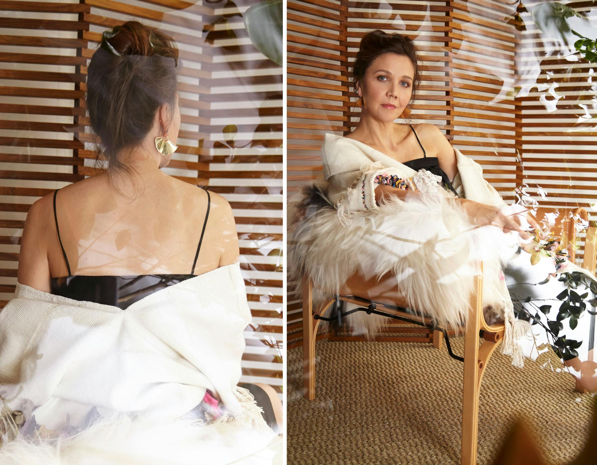 Two images. First is Maggie Gyllenhaal facing away wearing black and white. The second shows Maggie Gyllenhaal sitting on a chair wearing black and white.