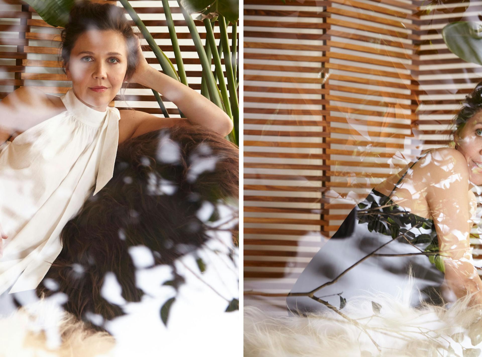 Two images. First shows Maggie Gyllenhaal wearing white and sitting on a chair. Second shows Maggie Gyllenhaal wearing black sitting away from the camera.