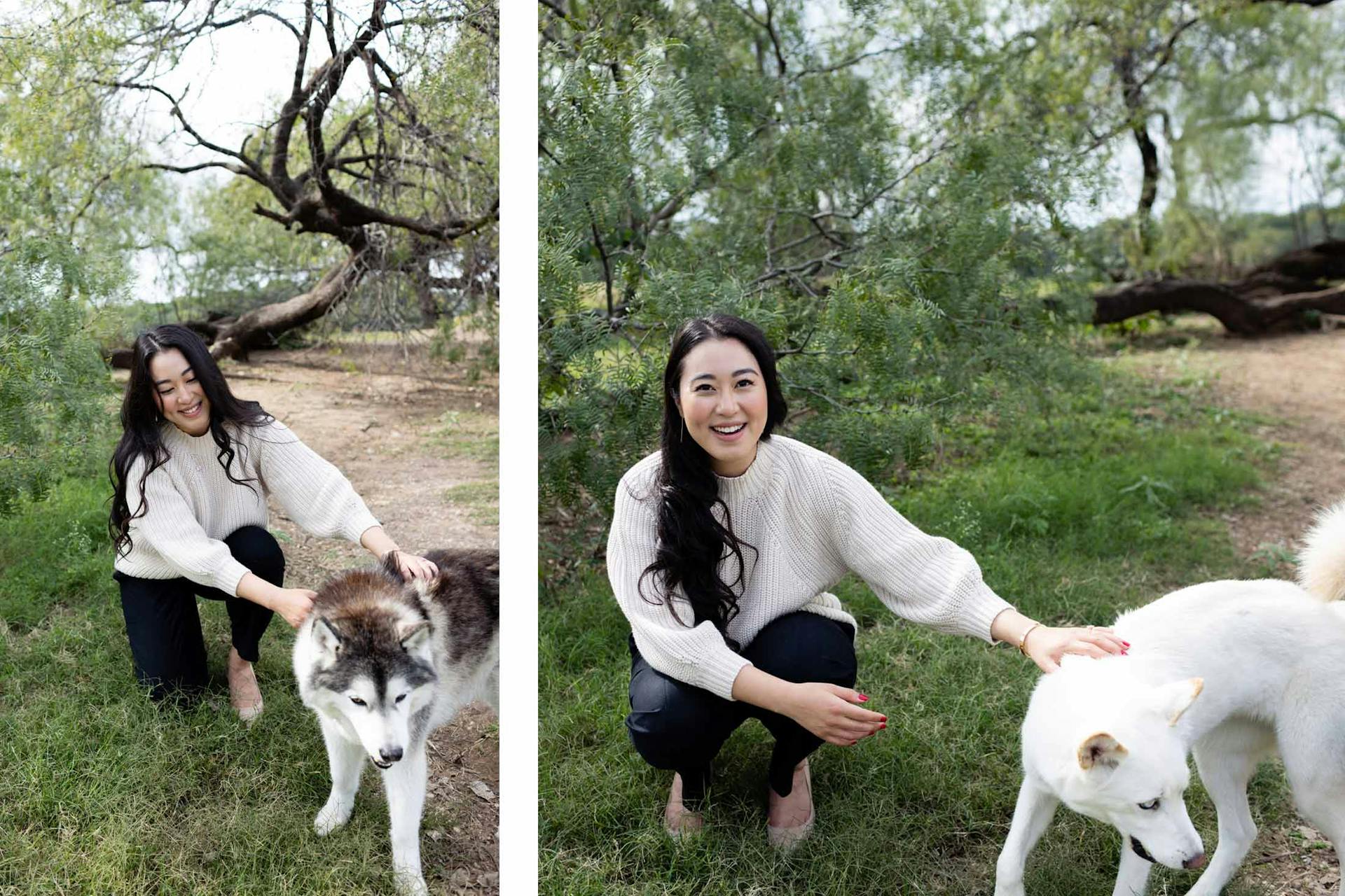 Two images of Victoria Song petting a dog