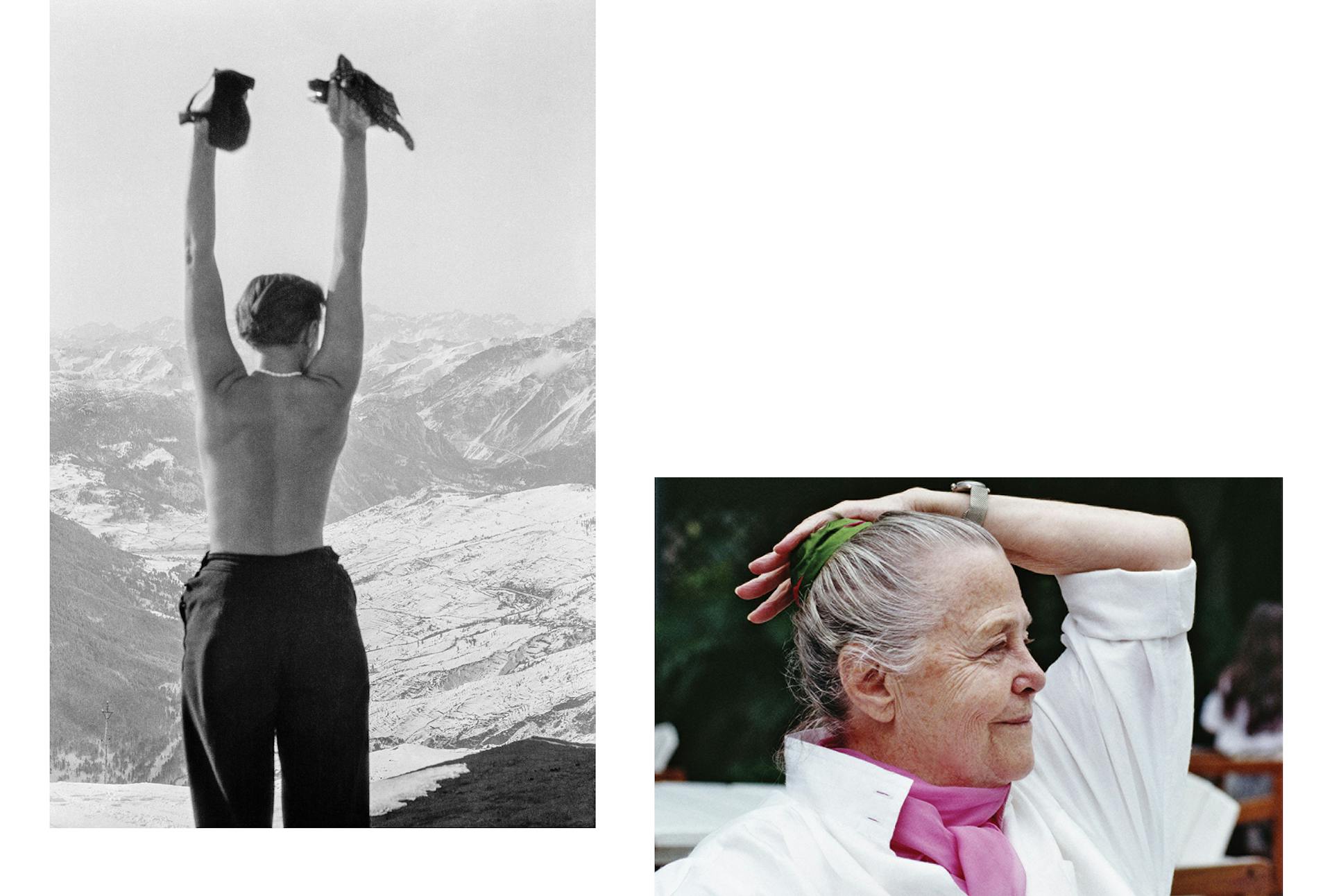 Two images. The first is a black and white image of a woman in the mountains. The second is of a woman in a pink and white outfit.