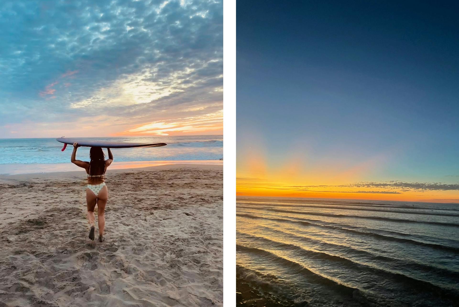 Two images of the beach. In the first, a woman walks and holds a surfboard over her head.