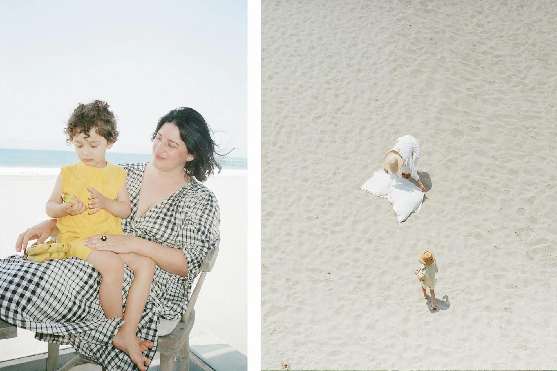 Two images. In the first, a woman sits on the beach with a child in her lap. The second shows two people in the sand.