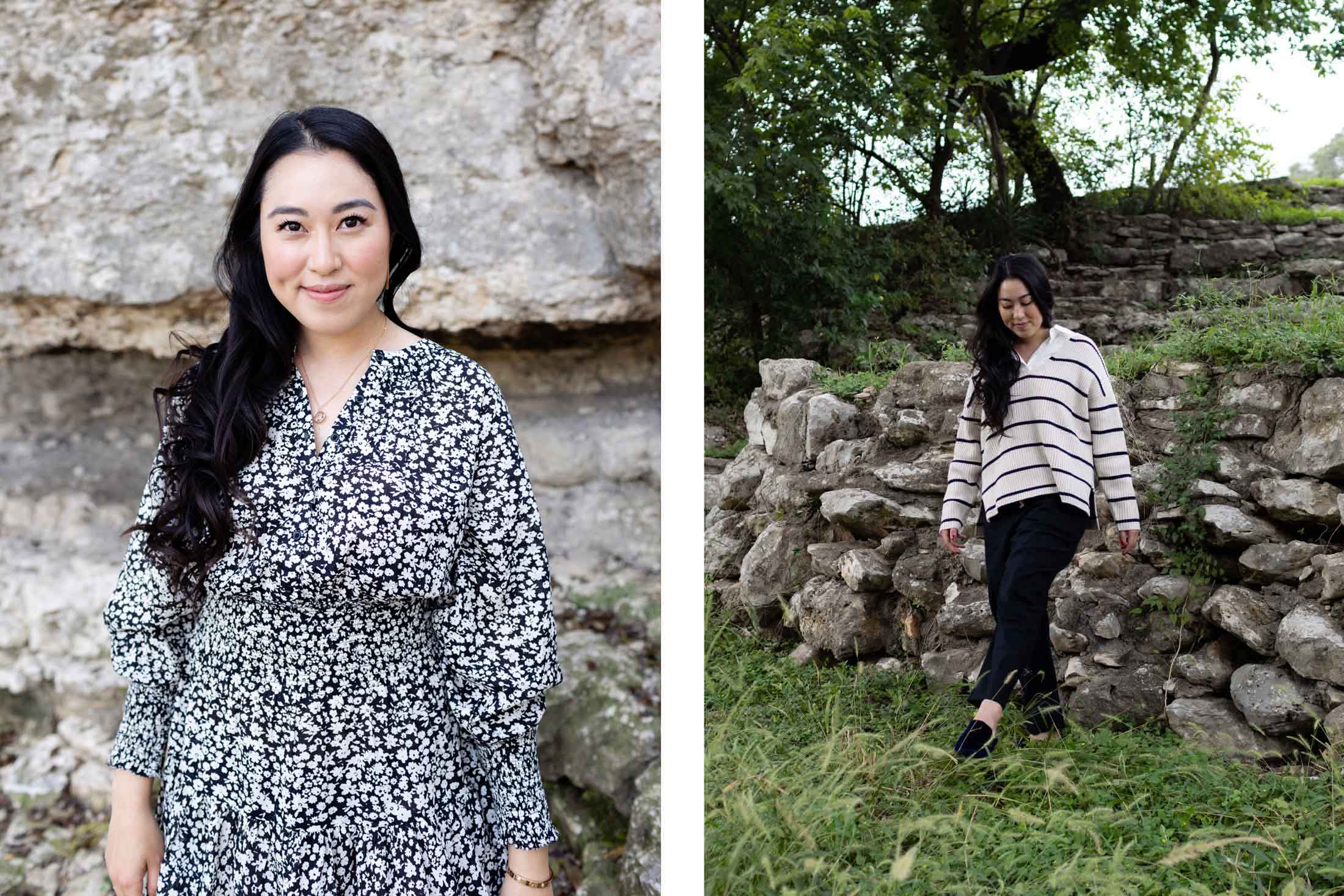 Two images. First is Victoria Song in a printed dress. Second is Victoria Song standing in a light blouse and dark pants.